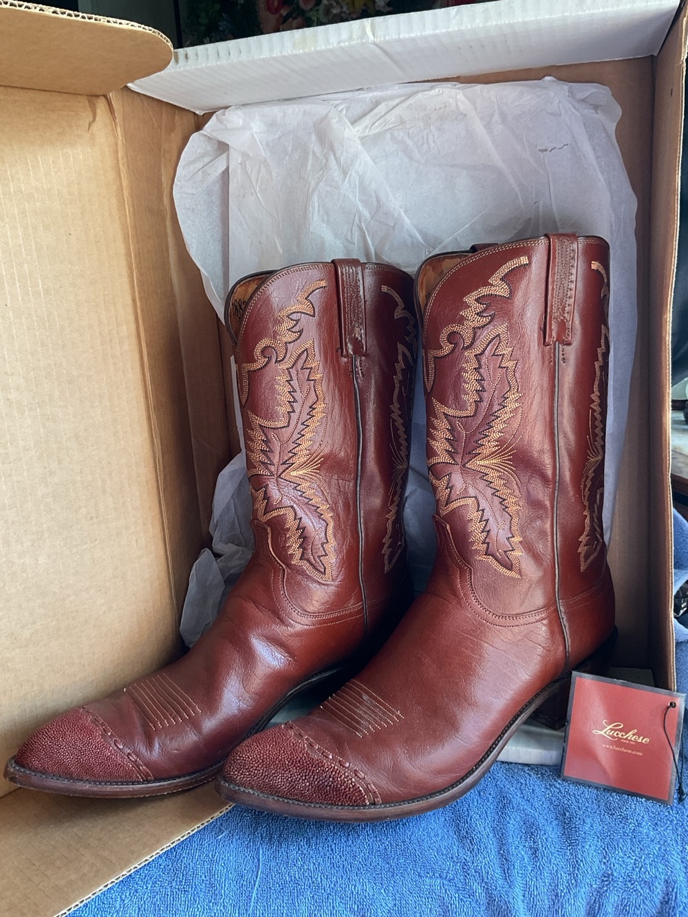Lucchese Brown Western Cowboy Boots with Decorative Stitching